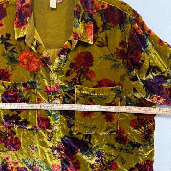 Pilcro Shirt Women M Green Floral Relaxed Velvet Button Down Romantic Academia - Picture 8 of 11